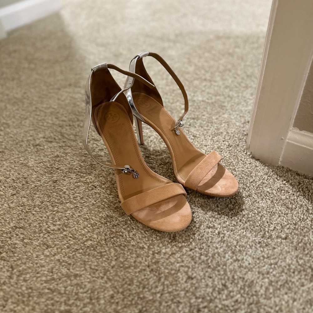 Tory Burch 3.5 inch suede and leather heels.